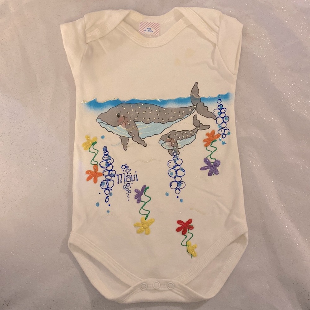 Vintage 90s Handmade Maui Hawaii Scene Whales Ocean Baby Onesie One Piece Romper